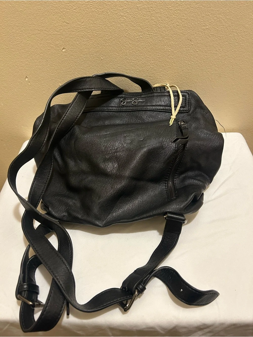 Jessica Simpson Black Leather Backpack with Front Zip Pockets